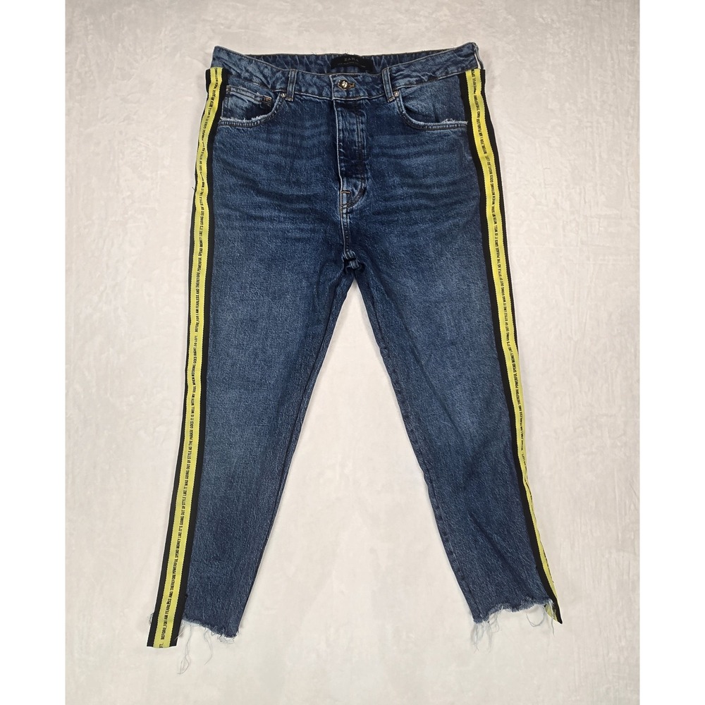 Zara Womens 36 High Rise Jeans Blue Yellow Graphic Side Stripe Raw Hem 0840/310